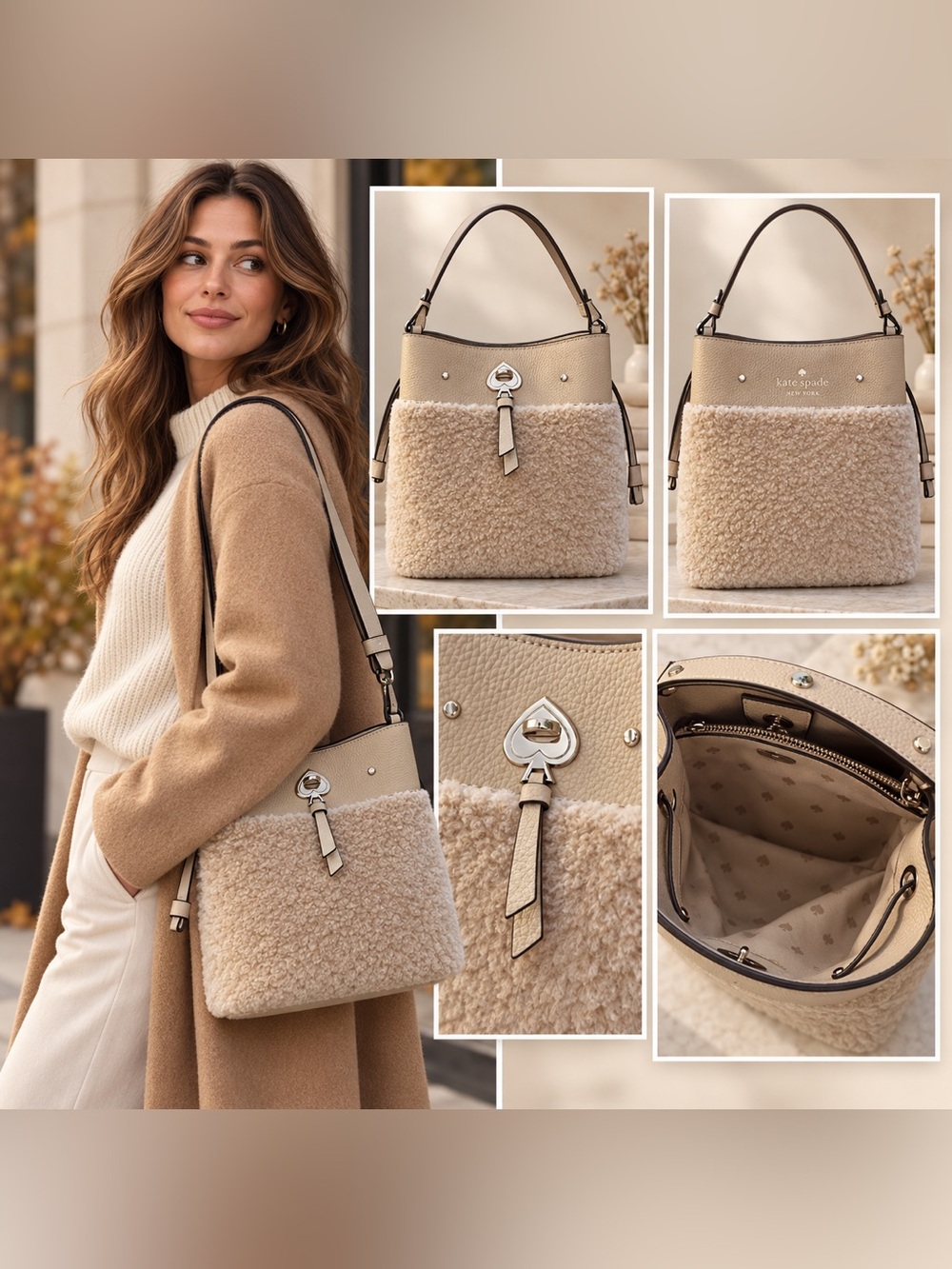 kaye Spade Marti Large Faux Shearling Leather Bucket Bag Beige EUC